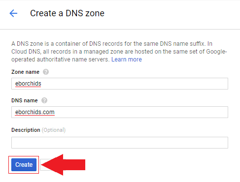 i will be configuring the domain name eborchids.com so in the zone name field i will enter eborchids and in the dns field i will enter eborchids.com 