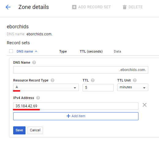 add an a record as record type and your ipv4 address in the field below transfer wordpress domain to google cloud 