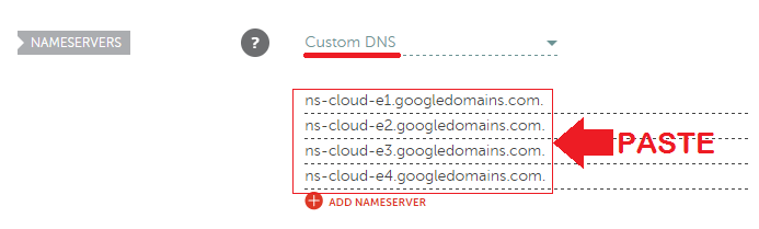 nameservers section showing custom dns and four google domain fields transfer wordpress domain to google cloud hosting