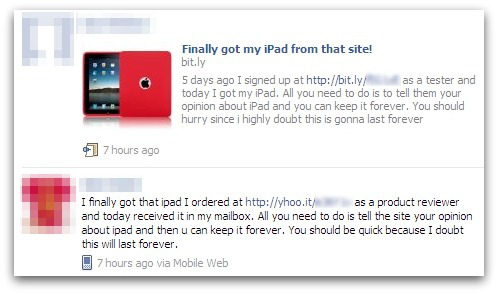 a facebook spam post advertising an ipad