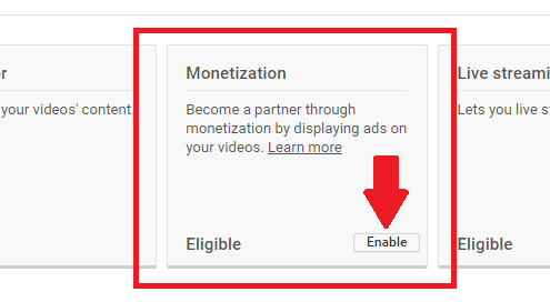 In the body of the page, click the enable monetization button.
