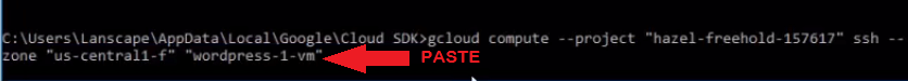 go back to sdk terminal and paste gcloud command manage wordpress files on google cloud platform