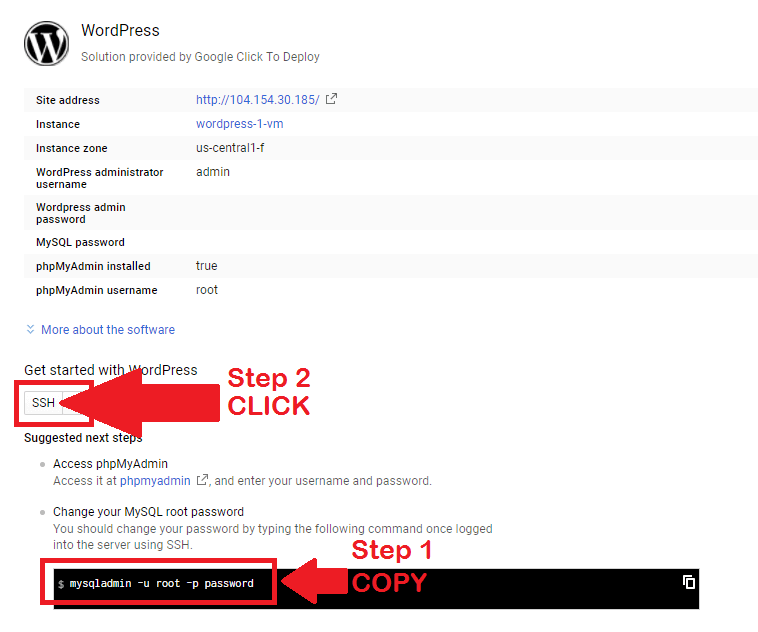 setup and install wordpress on google cloud platform click-to-deploy