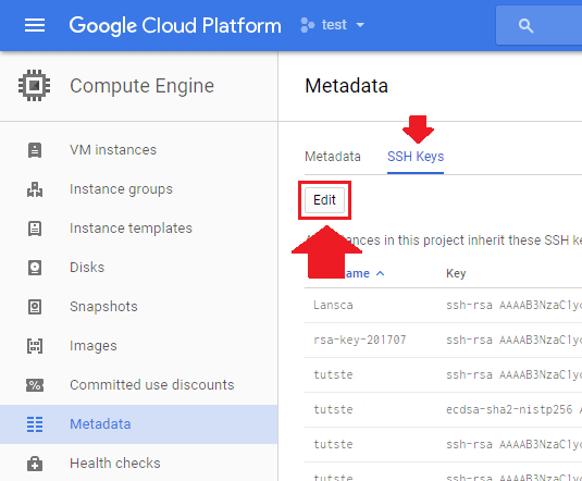 google cloud ftp metadados editar chaves ssh