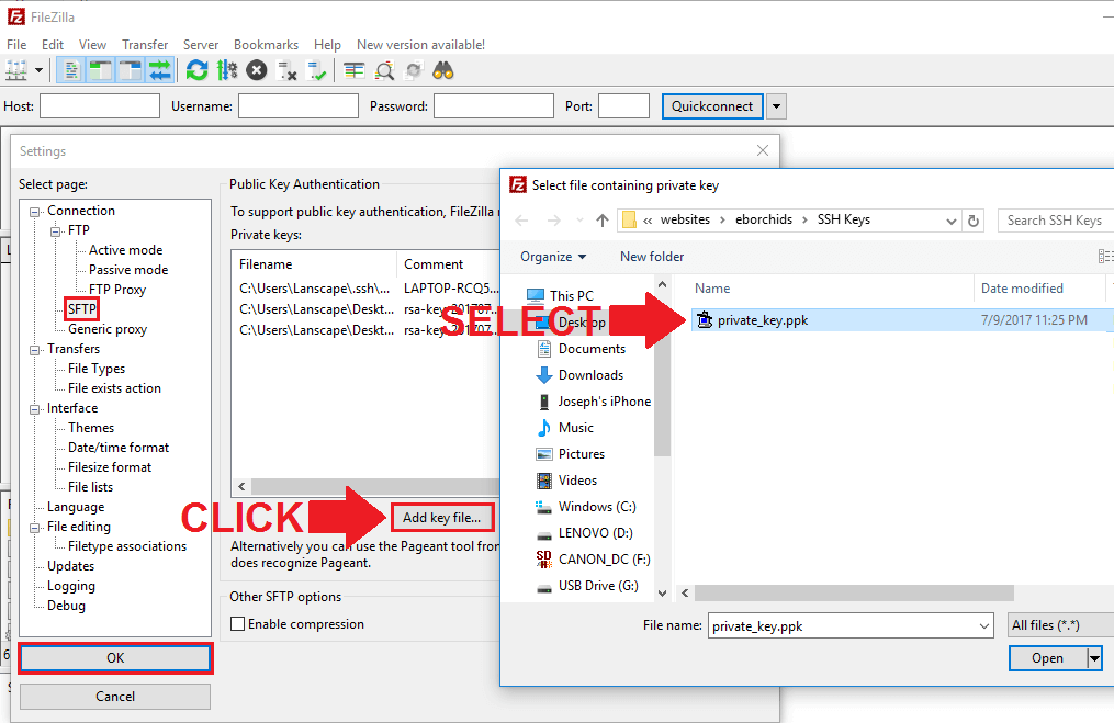 filezilla public key