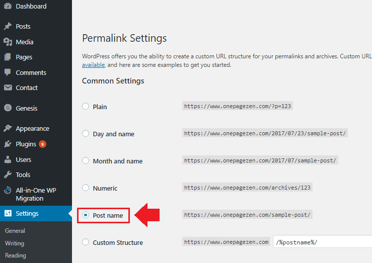 migrate wordpress installation permalink dashboard