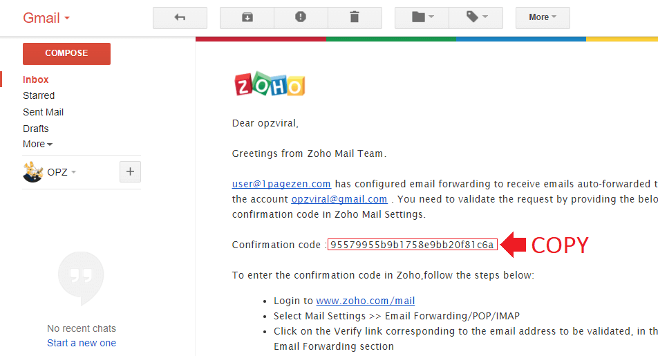 forward zoho mail to gmail