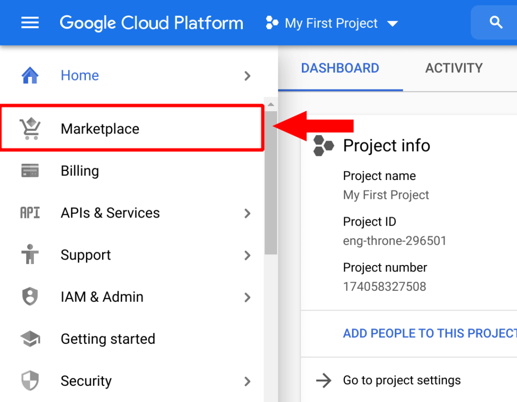 navigate to marketplace in google cloud sidebar menu