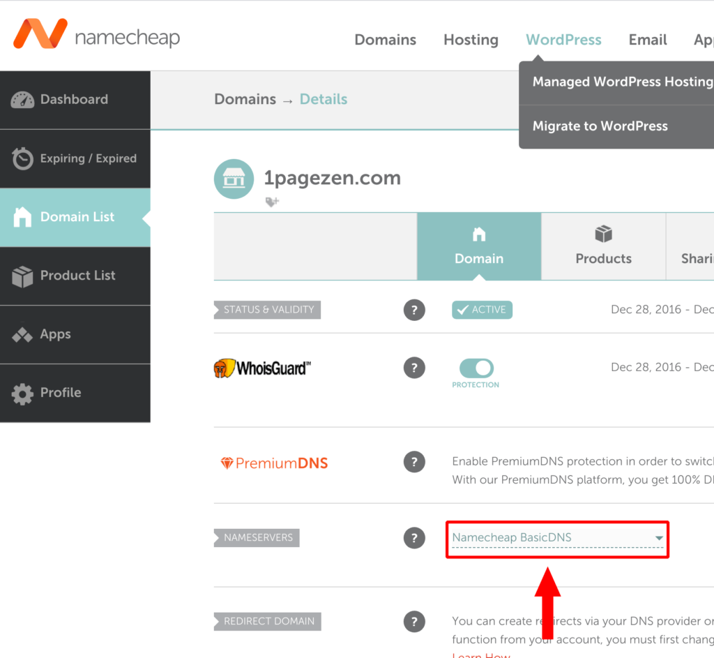 selecione namecheap basic dns