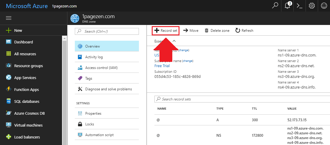 transfer domain name to azure add a record