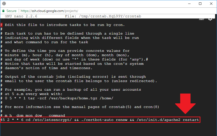 inside of crontab file with ssl auto renew script