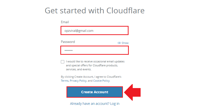 digite e-mail e senha para criar uma conta cloudflare