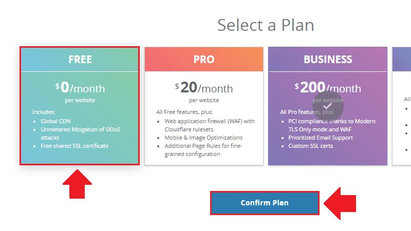 selecione a opção de plano gratuito