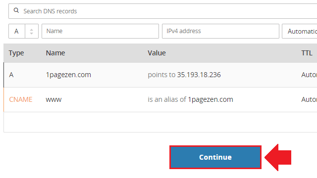 click the continue button to confirm nameservers