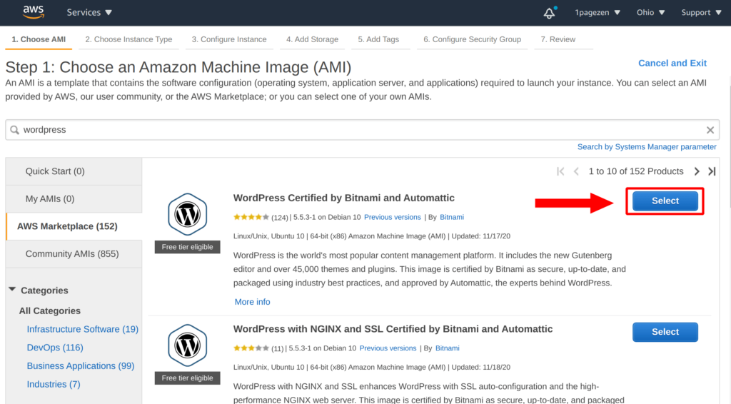 search for wordpress and select wordpress certified by bitnami and automattic