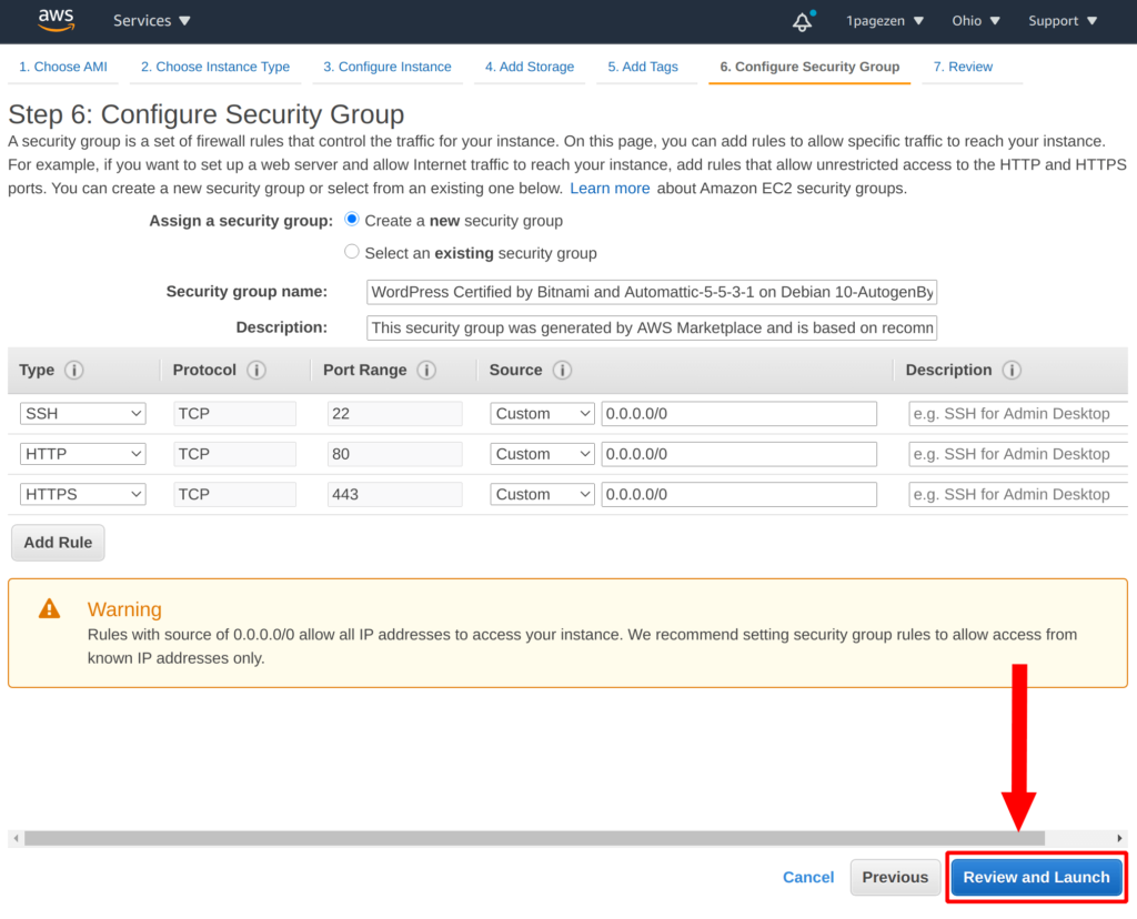 leave default security group settings the deploy instance